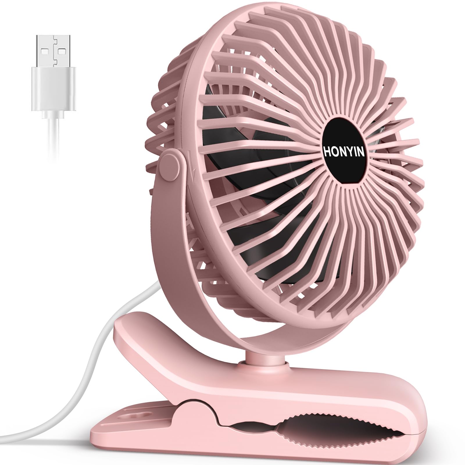 HONYIN Mini USB Clip Fan, Clip and Desk Personal Fan with Sturdy Clamp, 720° Rotation, 3 Speeds Cooling Wind by USB Plug In, for Home, Office and Desk