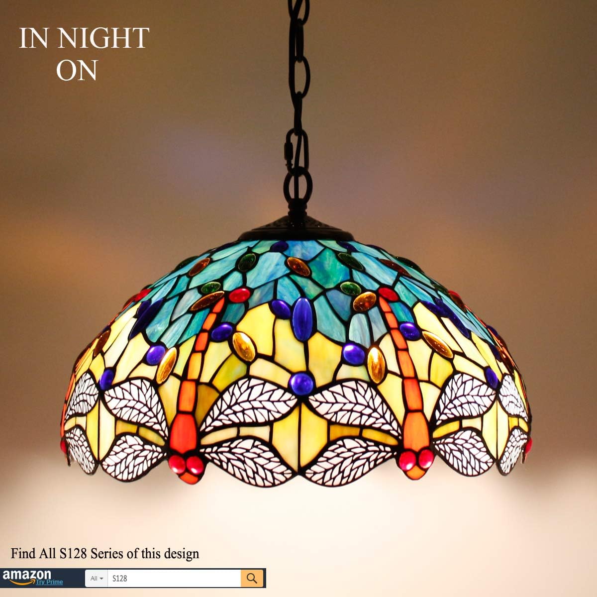 Tiffany Hanging Lamp W16H40 Inch (LED Bulb Included) Pendant Light Stained Glass Dragonfly Shade Chandelier Ceiling Fixture S128 WERFACTORY Decorate Dining Living Room Bedroom Study Office Coffee Bar - - 