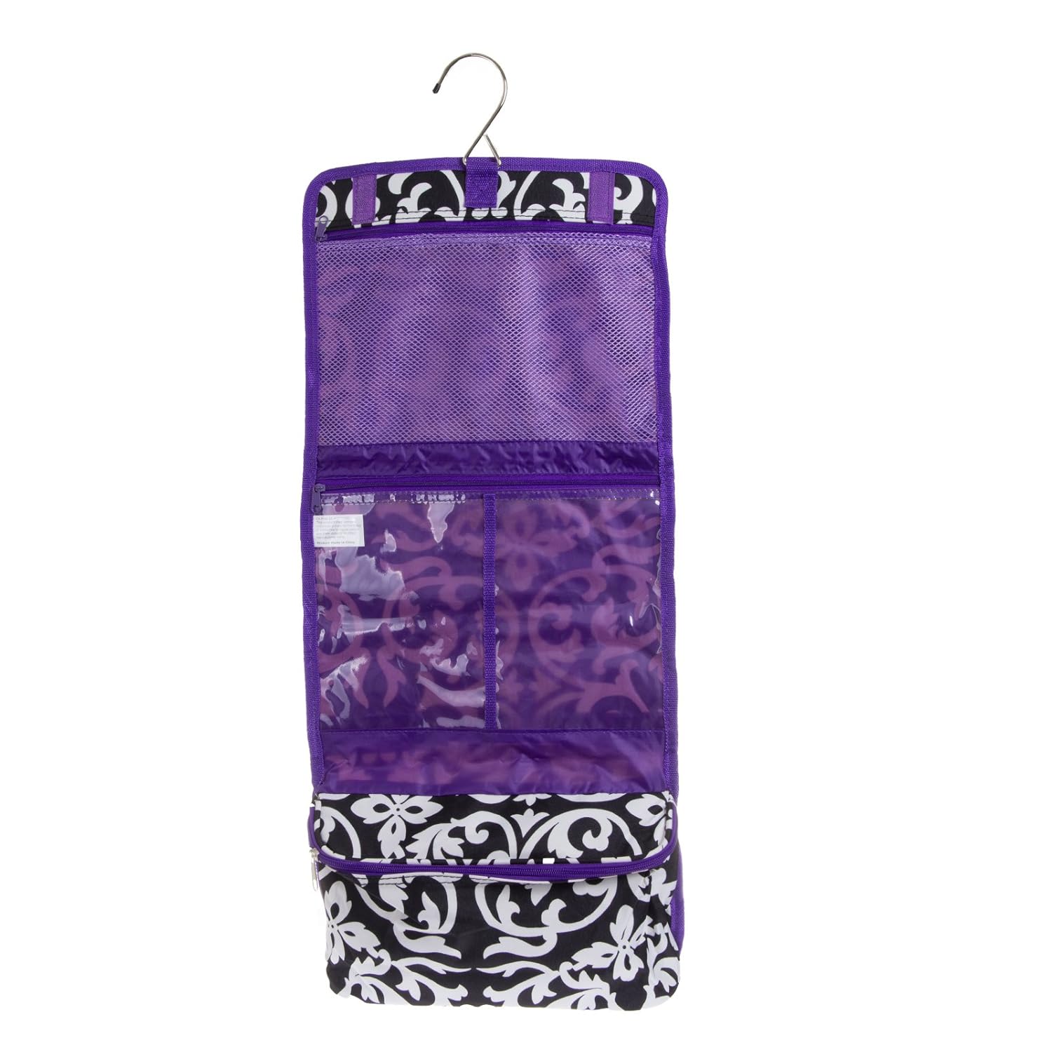 Damask Print Hanging Travel Cosmetic Bag (Black/White/Dark Purple)
