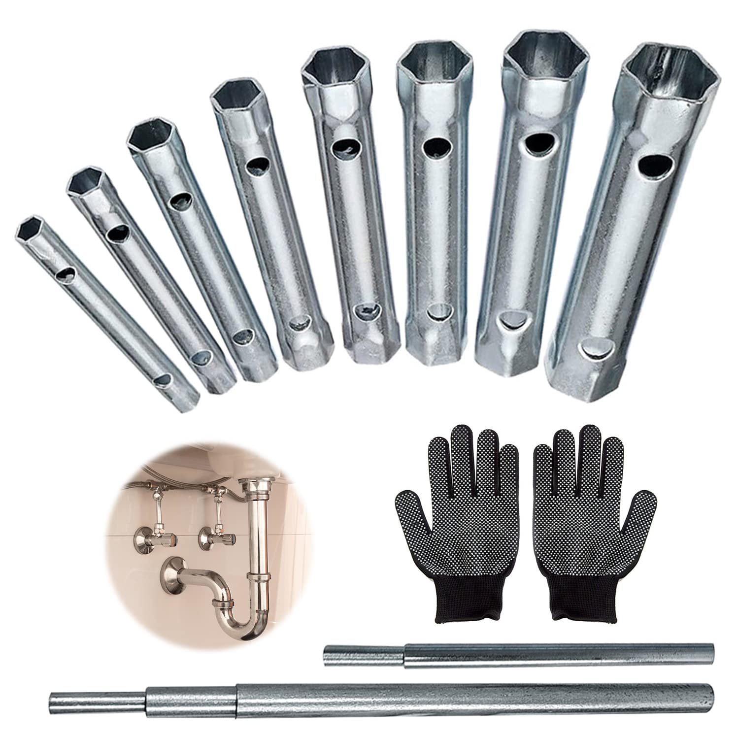 Choonjin 10 Pack Piping Wrenches, 6-22mm Hollow Socket Wrench Filter Wrench Set, Tubular Plug Tube Socket Wrench Set, Tube Wrench Set with Gloves for Automotive Repairs Alead (10)