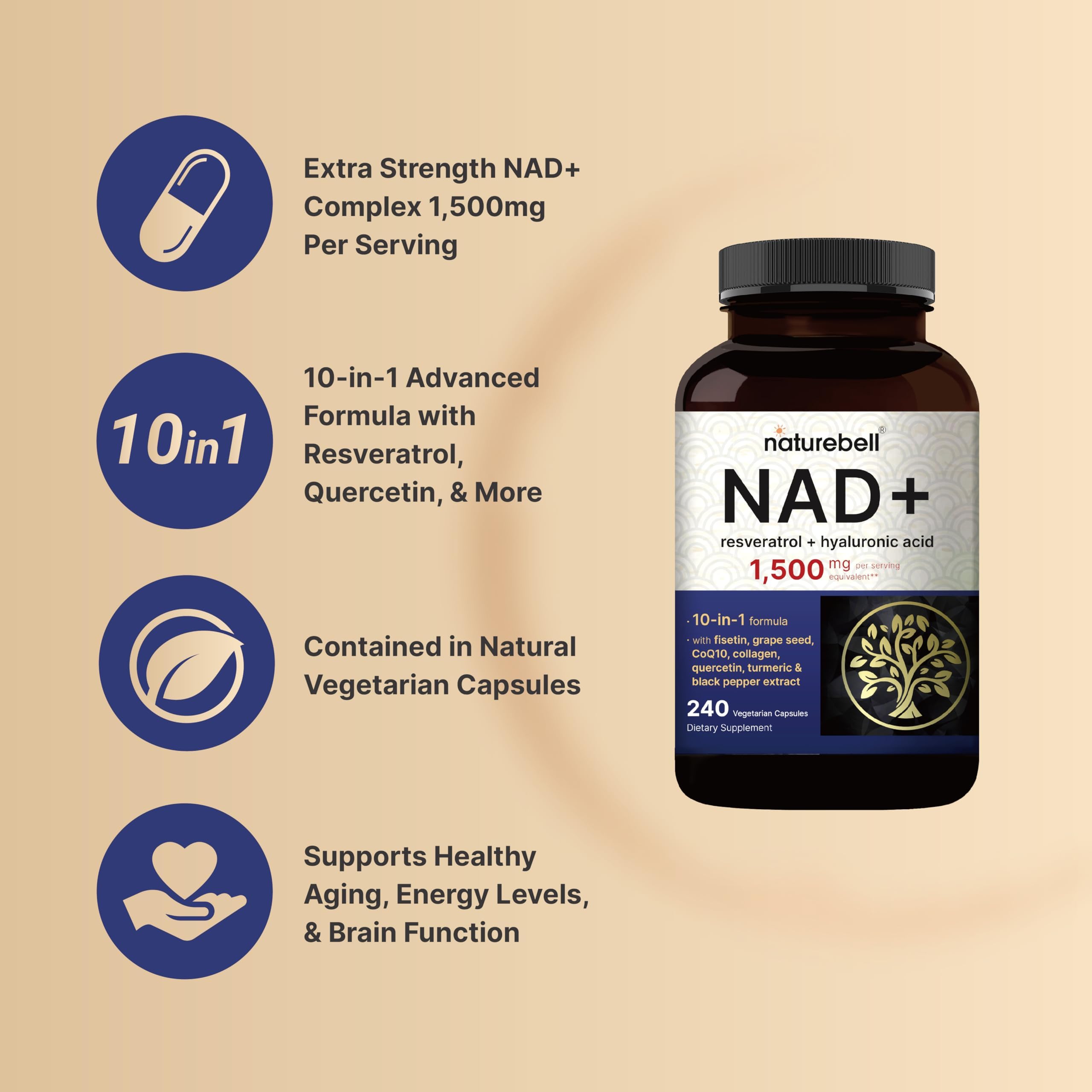 NatureBell NAD+ 1,500mg Per Serving, 240 Veggie Capsules | NMN Supplement Alternative | 10-in-1 Complex with Resveratrol Plus Hyaluronic Acid, Quercetin, Fisetin, Collagen, & More – Non-GMO