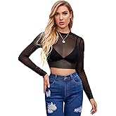 Verdusa Women's Basic Long Sleeve Crop Top See Through Sheer Mesh Tee Shirt