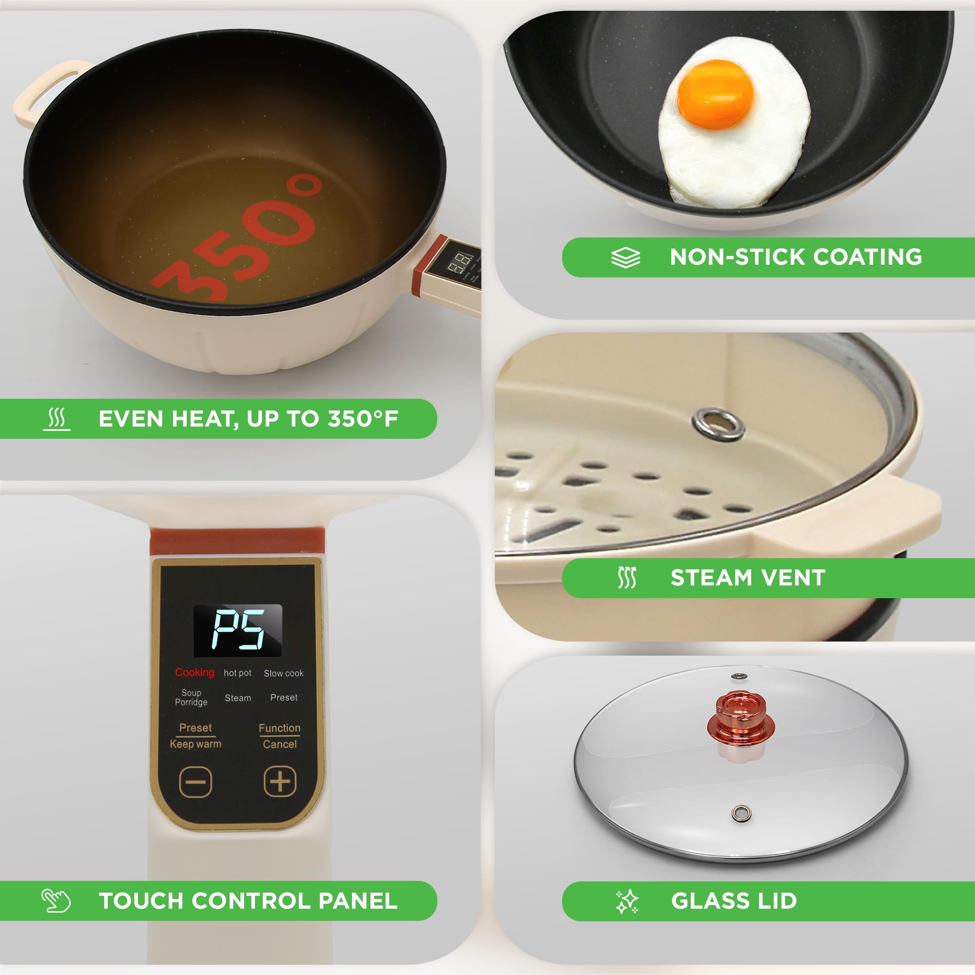 NutriChef 2 In 1 Electric Frying Pan & Steamer 8 Quarts | Portable Non-Stick Skillet for Cooking | Durable Heat Safe Handle | Touch Control Panel | 7 Cooking Functions & Electric Hot Pot | White