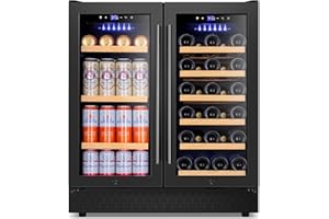 Tylza 30 Inch Wine and Beverage Refrigerator, Dual Zone Wine Beverage Cooler 30" with French Door, Under Counter Wine Beer Fridge Built-In or Freestanding, Holds 29 Bottles and 110 Cans, Black