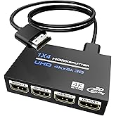 BolAAzuL 4K 1x4 HDMI Splitter 1 in 4 Out w/Power &amp; 2ft HDMI Cable | 4Way Splitter HDMI Distributor Copy 1 Source to 4 Displays,Audio Sync, No Extend, for PS5/4/3 Laptop Desktop Projector TV