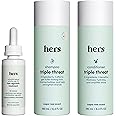 hers Triple Threat Shampoo, Conditioner and Minoxidil Set - Hair Loss Treatment for Women - Includes 2% Serum Minoxidil Treatment, Color Safe Hair Thickening Shampoo and Conditioner - 3 Count