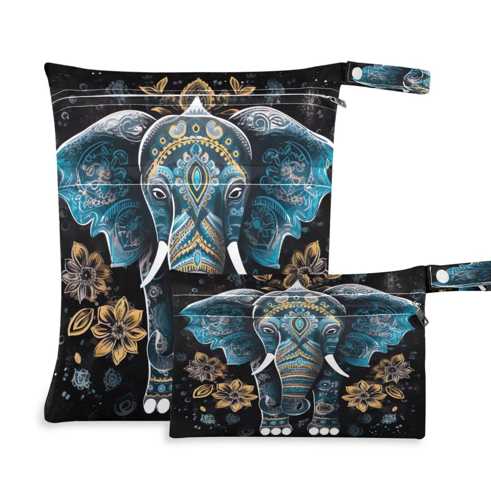 JUMBEAR Tribal Elephant Indain Vintage Black Wet Dry Bags Sets Waterproof Reusable Travel Beach Baby Cloth Diaper Wet Dry Bags Organizer with Two Zippered Pockets for Swimsuit and Gym 2PCS