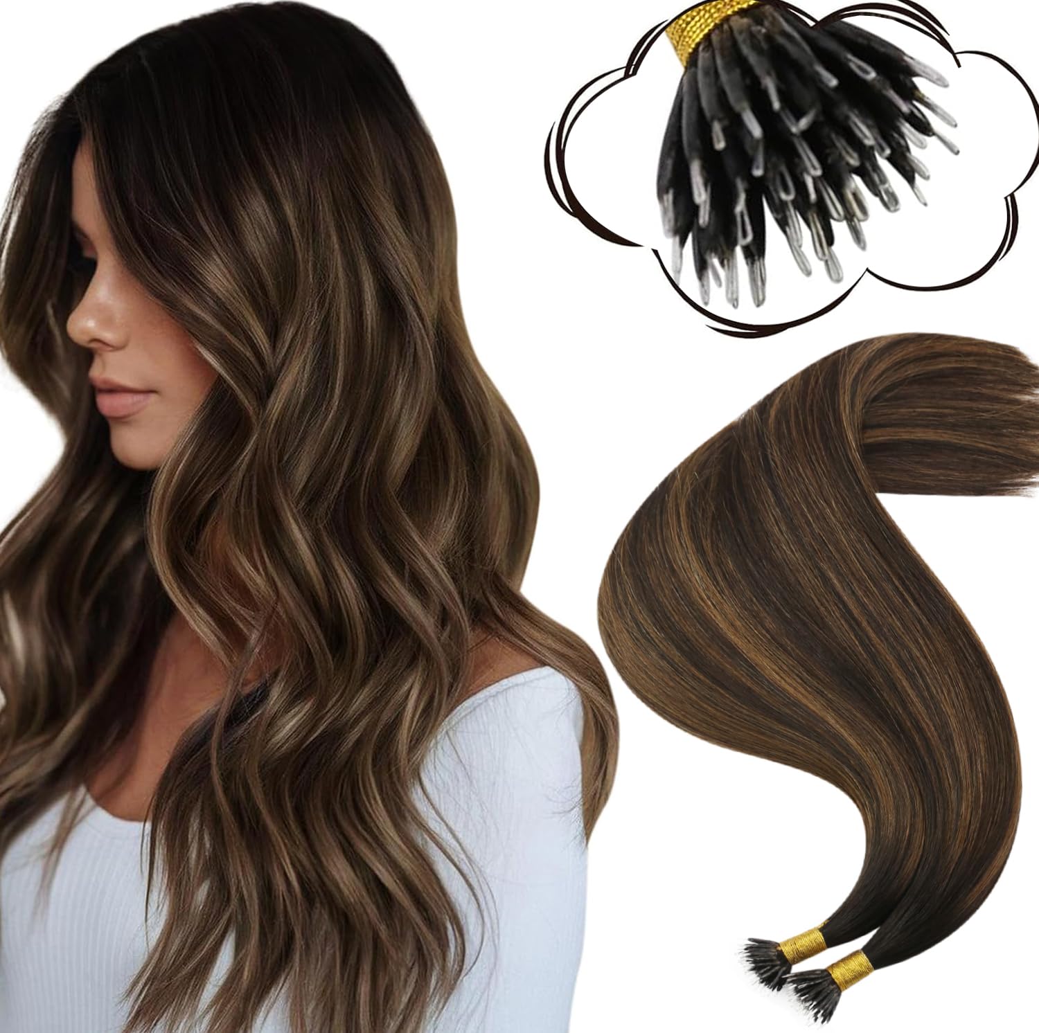 Moresoo Nano Hair Extension Real Human Hair Roots Darkest Brown Ombre Chestnut Brown Nano Ring Hair Extensions Real Remy Human Hair Silky Soft Straight 14 Inch 1g/s 50g/Pack #2/6/2 — image 1