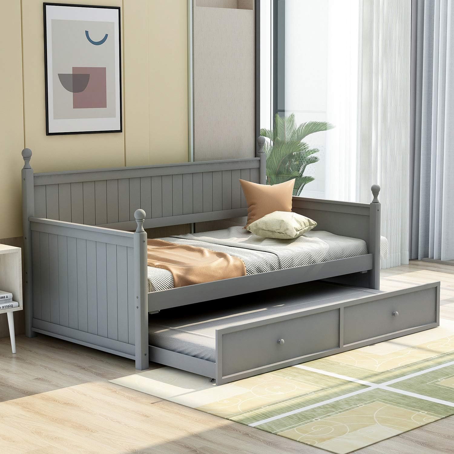 Twin Daybed with a Trundle,Modern Style Wood Daybed Frame