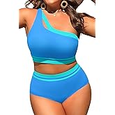 Aqua Eve Women Plus Size High Waisted Bikini One Shoulder Two Piece Swimsuit Color Block Bathing Suits