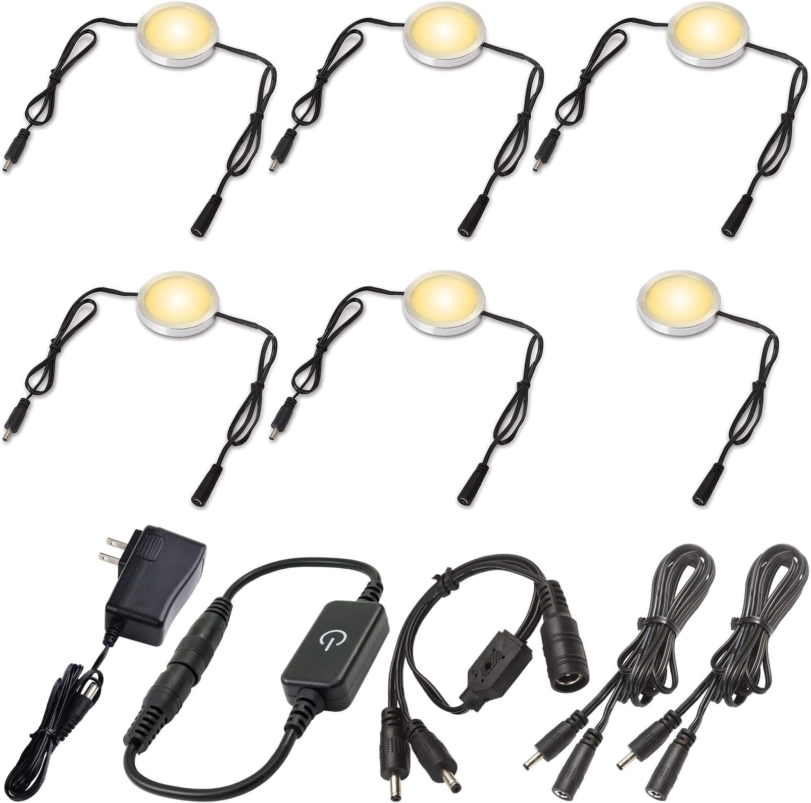 Display Cases Lighting Kit, Linkable Round LED Under Cabinet Puck Lights, 0.3 Inch Low Profile Aluminum Lamp Shell, Touch Dimmable, Y-Splitter, Black Cable, 6 Lights, Warm White 2700K