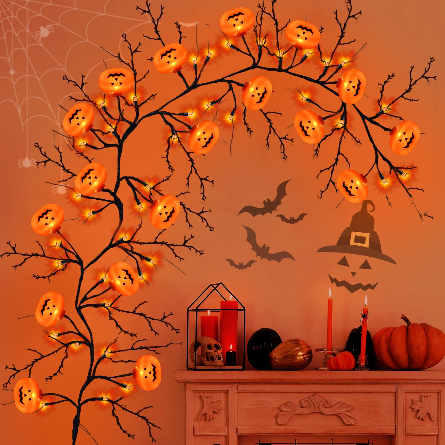 Photo 1 of [ 8 Modes & Timer ] 6 Ft 54 LED Halloween Willow Vine Twig Decor Garland with 18 Orange Pumpkins Lights, Waterproof Battery Operated Halloween Decorations for Home Wall Window Mantle Fireplace Decor
