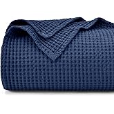 PHF 100% Cotton Waffle Weave Blanket Queen Size for Bed,Snag Proof Lightweight Breathable Throw for Couch,Great for Layering in Cold Weather,Machine Washable, Home Decor Gift-Navy Blue/Bright Blue