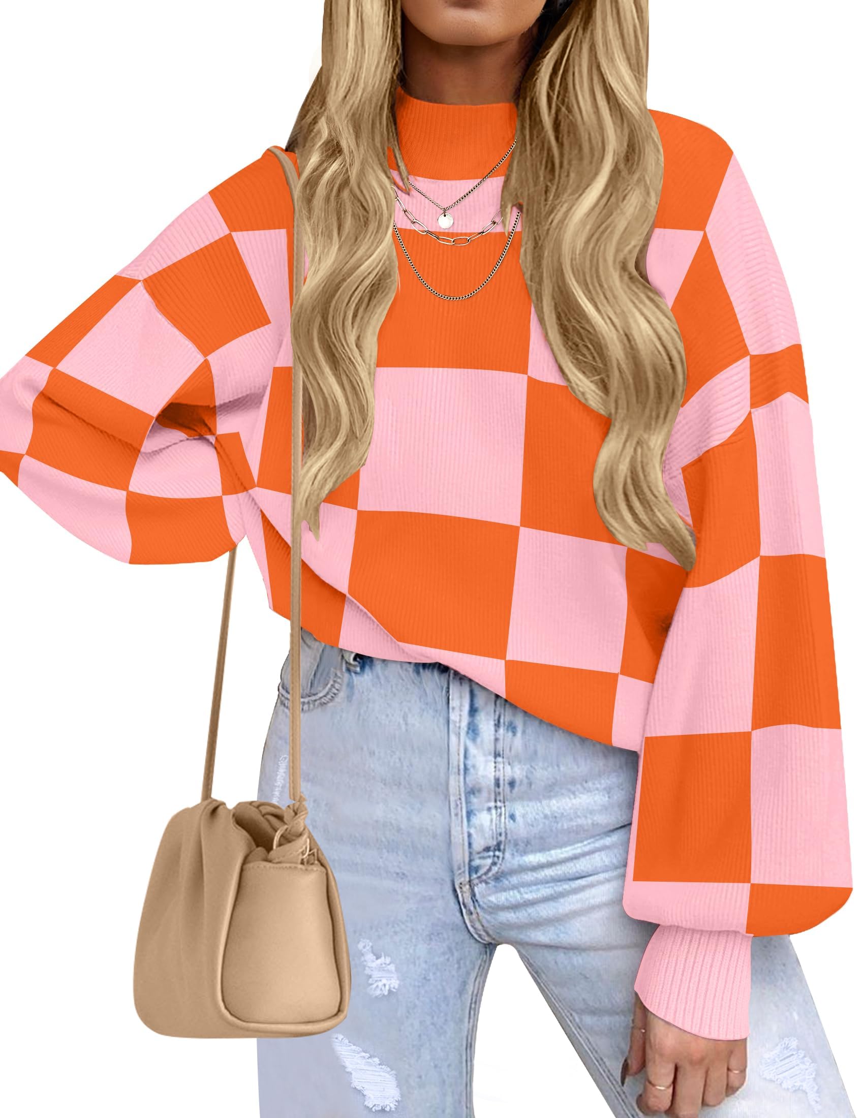 Photo 1 of **SMALL FABRIC SNAG ON 1 OF THE ORANGE FABRIC SQUARES** ZESICA Women's 2025 Fall Fashion Turtleneck Long Sleeve Striped Ribbed Knit Loose Pullover Sweater Tops Orange X-Large