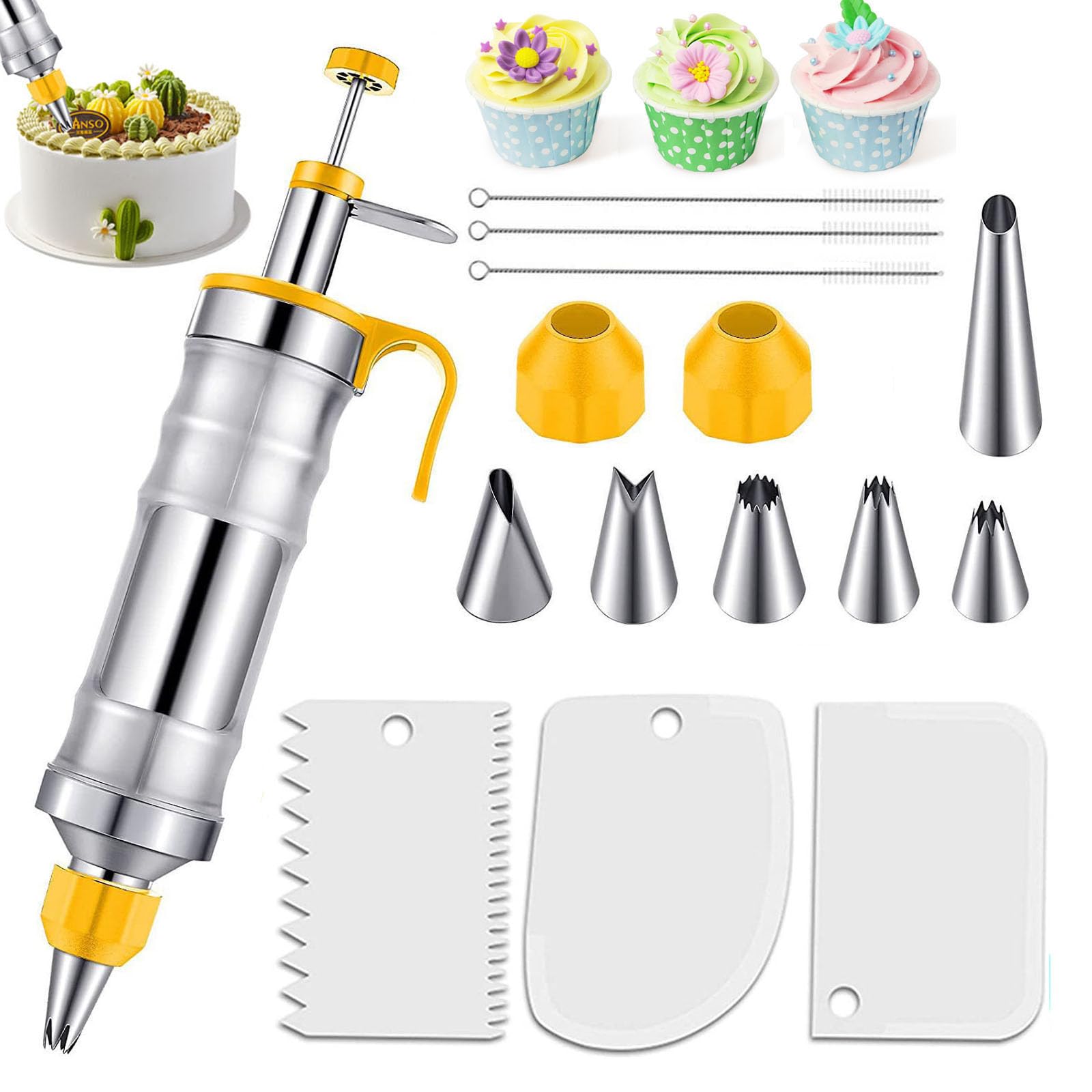 Icing Piping Sets for Cake, Stainless Steel Icing Tips for Dessert Cake Decorating, Piping Icing Syringe Set for Cupcake, DIY Cake Baking Tools with Cream Scraper and 6 Pcs Syringe Nozzles, Yellow