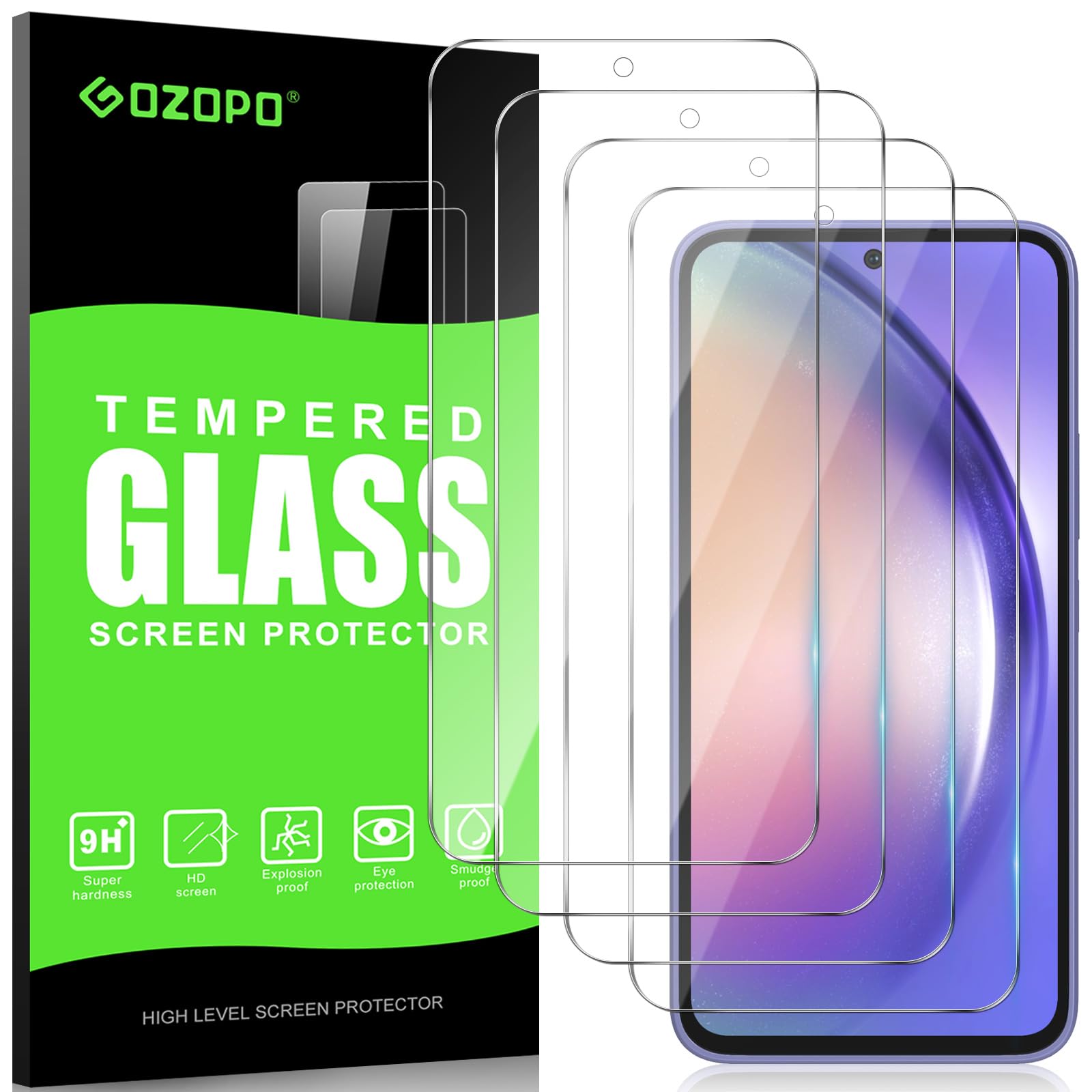 GOZOPO 4-Pack Screen Protector for Samsung Galaxy A54 5G, Tempered Glass, [Scratch Resistant] [Bubble Free]