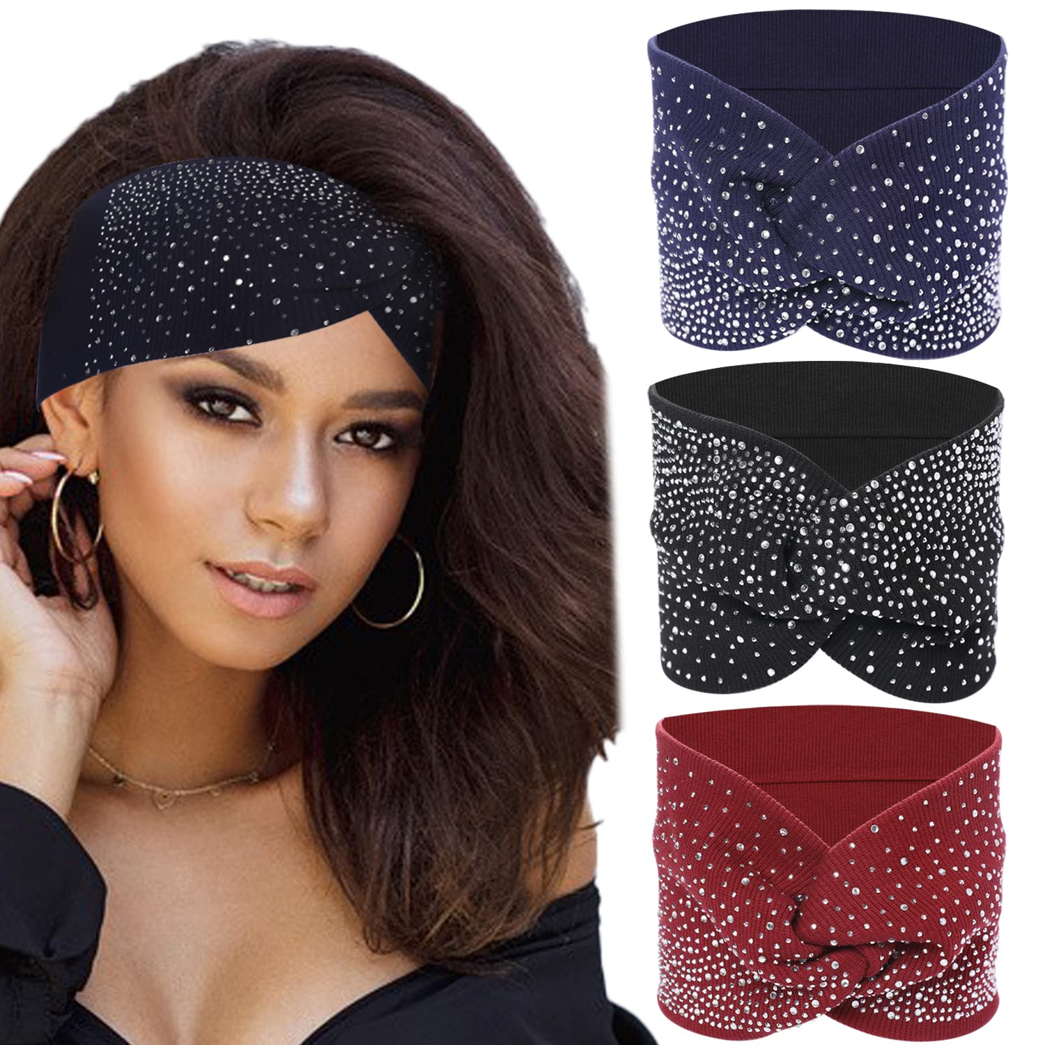 Photo 1 of Rhinestone Boho Headbands, 3 Pack Crystal Stretch Turban Headbands with African Cotton Fabric - Fashion Hair Scarfs