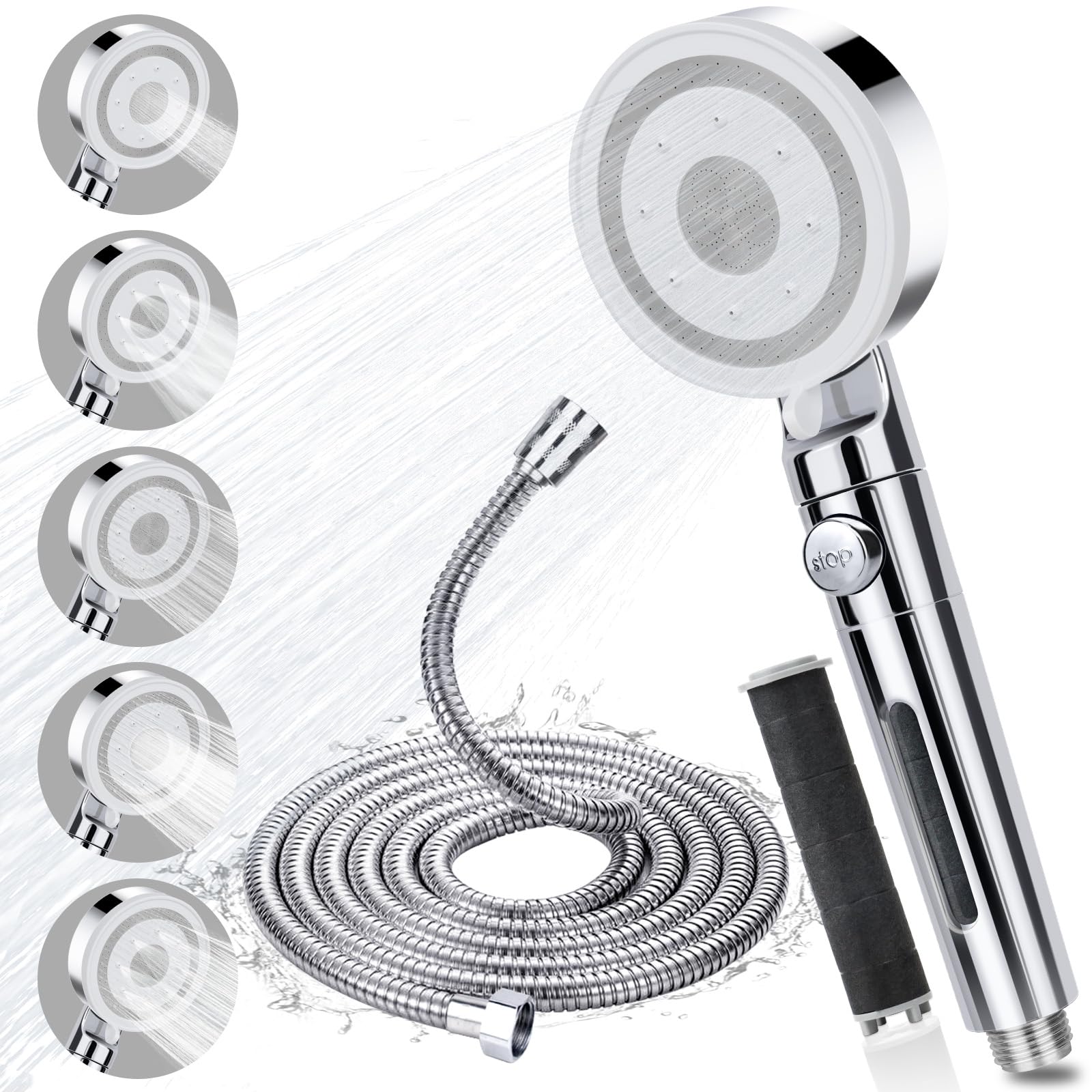 BEIJIE Shower Head and Hose 2M, High Pressure Shower Head Filter 5 Modes, Universal Shower Heads with Pause Switch, Handheld Water Saving Shower Head to Increase Pressure for Home Gym Use (Silver)