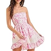 Women's Floral Tube Top Dress Casual Summer Strapless Mini Dresses Lace Patchwork Cute Ruffled Flowy Short Sundress