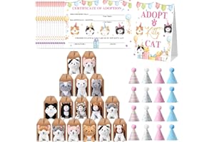 Cinnvoice 65 Pcs Adopt a Cat Party Favors, 16 Stuffed Cat Animals 16 Boxes 16 Cute Birthday Hats 16 Adoption Certificate Card