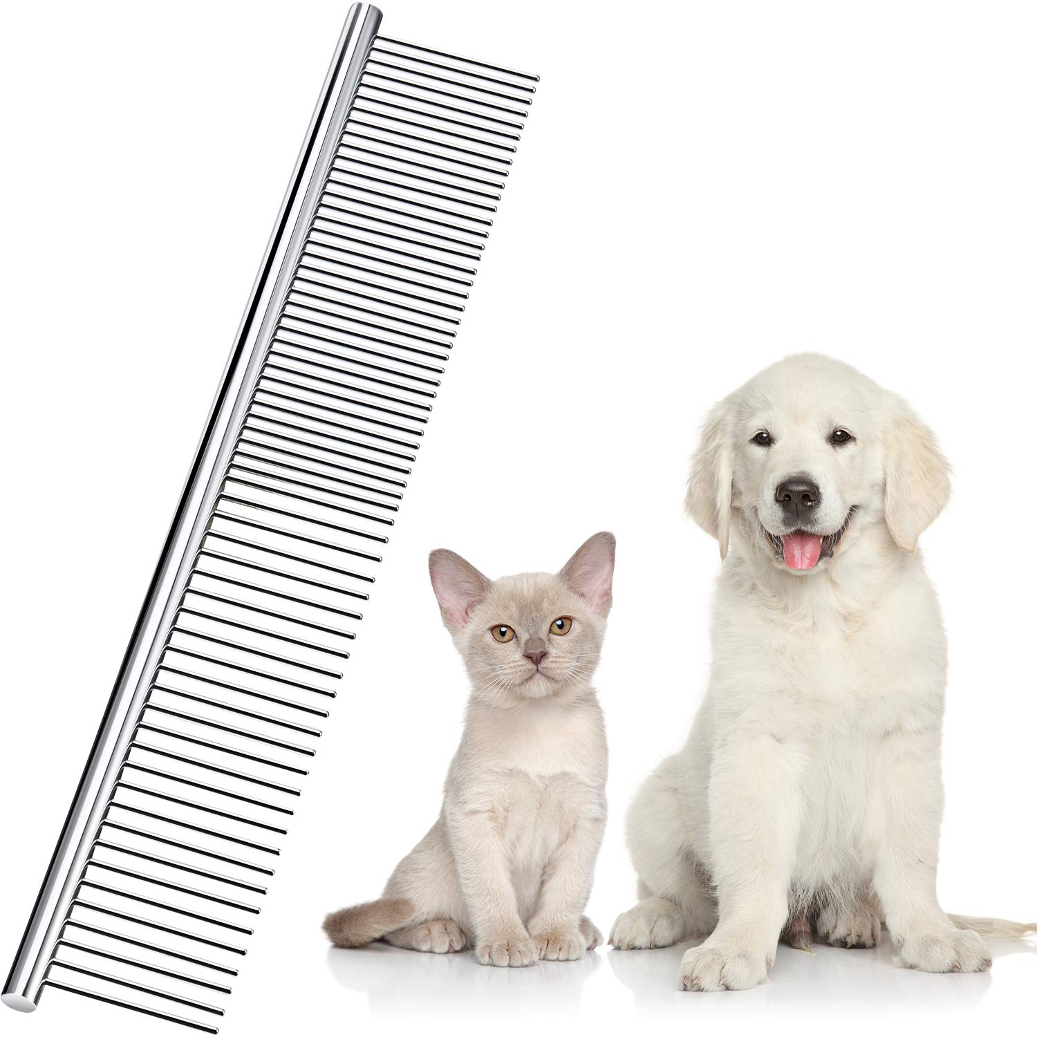 Boao Stainless Steel Pet Comb - Rounded Teeth Dog Comb for Large, Medium & Small Dogs & Cats - Tangled Short/Long Hair - 19 x 3 cm