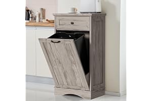 OUTGUAVA 13 Gallons Tilt Out Trash Cabinet Freestanding Kitchen Trash Bin Cabinet Wood Garbage Recycling Cabinet with Hideaway Drawer Pet Proof Trash Can Holder for Kitchen Living Room, Grey
