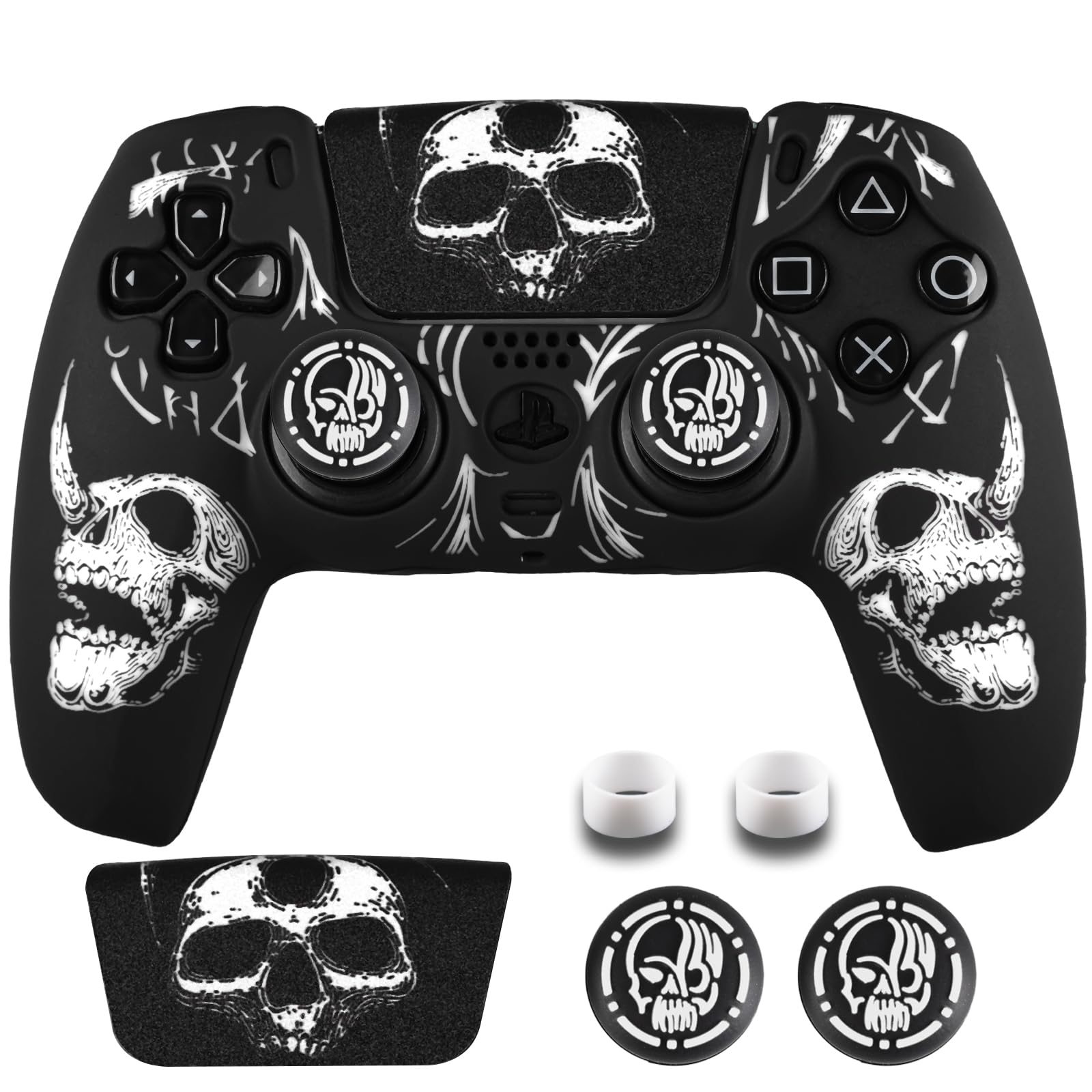 YoRHa Laser Carving Silicone Skin for PS5 Controller x 1(Skulls White) with Exclusive Thumb Grips x 8