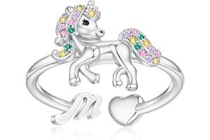 EXQUJEW Unicorn Initial Rings for Teen Girls, Rose Gold/White Gold Plated Heart Initial Rings for Girls Adjustable Stackable Rings for Women Diny Heart Ring for Teen Girls Gifts Unicorns Gifts for Girls