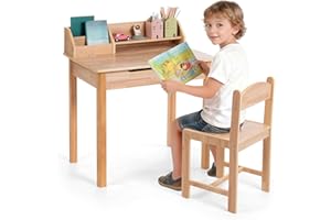 UNICOO® GrowMate Flip Top Kid Desk and Chair Set | Bamboo Lift-Top Child Desk with Storage and Hutch, Ideal Kids Desks for Homework for 3-12 Years Old, Small Kids Desk and Chair Set (BYL-B70)