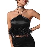 xxxiticat Women's Furry Tank Top Sleeveless Halter Lace Up Open Back Faux Fur Tube Shirt Party Satin Slip Feather Crop Top