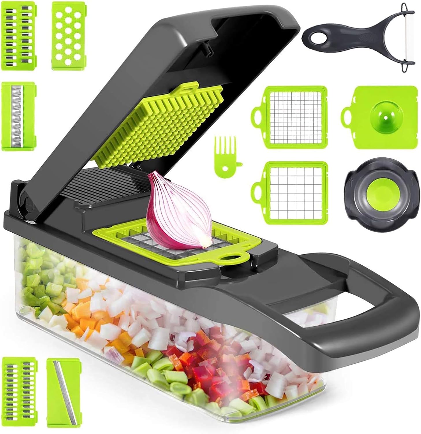 Newthinking Multifunction Vegetable Chopper, 14 in 1 Salad Cutter Food Dicer Veg Chopper with 7 Blades for Kitchen