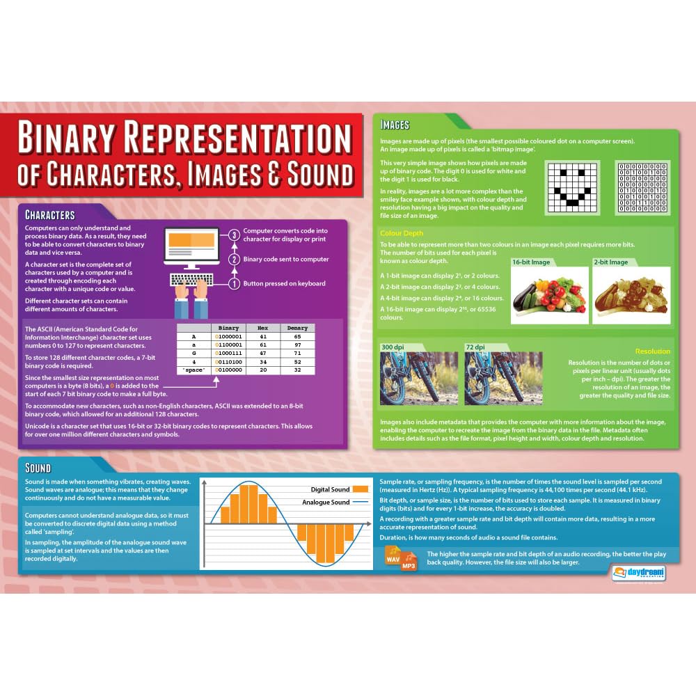 Daydream Education Binary Representation of Characters, Images and Sound | Computer Science Posters | Laminated Gloss Paper 850mm x 594mm (A1) | STEM Posters for the Classroom | Education Charts