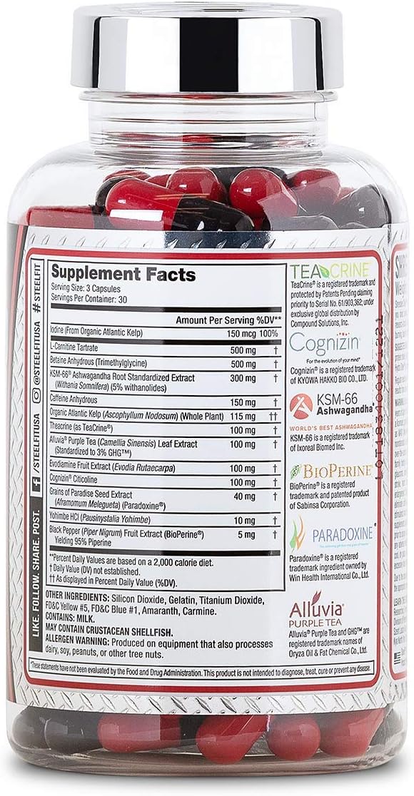 SteelFit Shredded Steel - Extreme Weight Loss Supplement - Thermogenic - Fat Loss - Energy - Boost Metabolism - Appetite Suppressant - Yohimbine - Teacrine - Paradoxine - 90 Count, 1 Month Supply: Health & Personal Care
