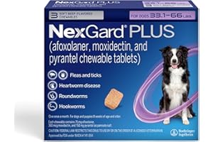 NexGard Plus (afoxolaner, moxidectin, and pyrantel) Flea and Tick Protection & Heartworm Preventive for Dogs Soft Beef Flavored Chewables, 33.1-66 lbs. (Purple) 3 Chews (3 Month Supply)