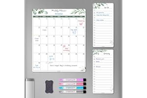 ALEZEL Dry Erase Calendar for Refrigerator, Greenery Magnetic Fridge Calendar Whiteboard - Set of Vertical Monthly Dry Erase Calendar for Fridge & 2 List Board, 4 Markers + Eraser
