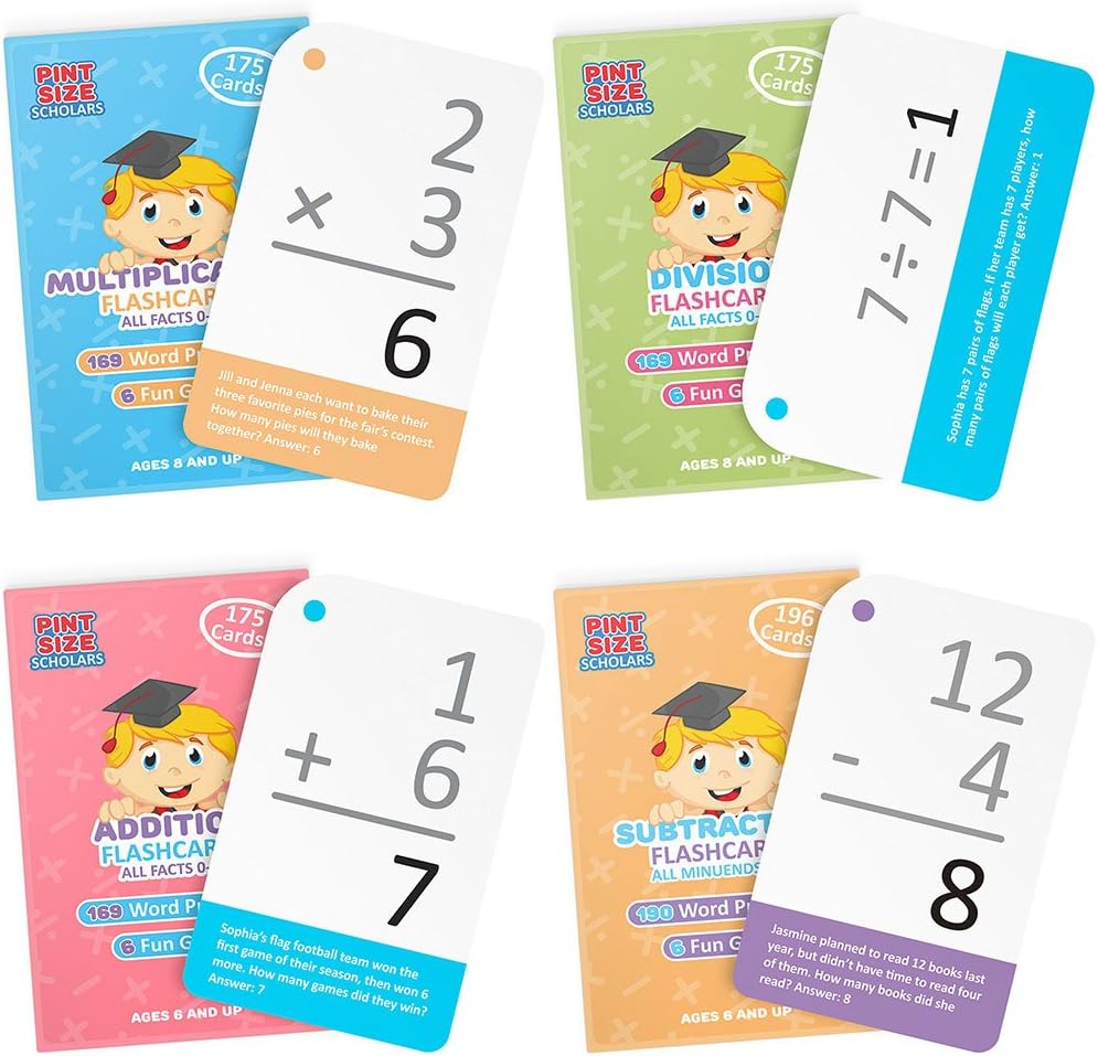Pint-Size Scholars Math Mastery Bundle: 715 Self-Checking Flashcards with Word Problems, All Addition, Multiplication, Division Facts 0-12 and All Subtraction Minuends 0-18