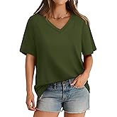 Aokosor Womens V Neck Short Sleeve T Shirts Summer Tops 2025 Casual Loose Tees Trending Now S-4XL