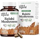Wild & Organic Reishi Mushroom Capsules 1000 mg - Immune & Energy Support - Red Reishi Mushroom Powder Supplement - Ganoderma Lucidum Extract - 120 Vegan Capsules - 60 Days Supply, Non-GMO Gluten-Free