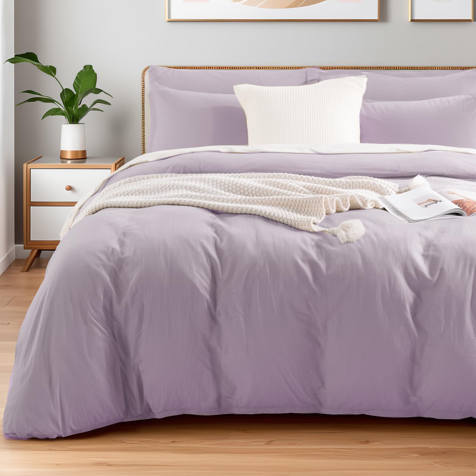 Photo 1 of NEXHOME PRO Duvet Cover Set 100% Washed Cotton Full Size Linen Feel Textured Organic Natural 3 Pieces Bedding Set Lavender Lilac Purple with Zipper Closure and Corner Ties, Breathable(No Comforter)