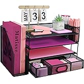 ideallife Desk Organizers and Accessories with File Holder, 4-Tier Paper Letter Tray Organiser with Drawer and 2 Pen Holder, Mesh Desktop Document Organizer for Office Supplies, Workspace - Black