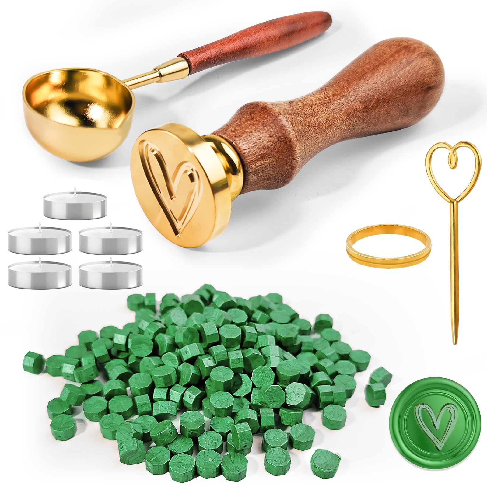 CoKeeSun 200Pcs Sealing Beads Set - Green Octagon Wax Seal Set for Wedding, Cards, Gifts - Includes 5 Tea Candles, Melting Spoon, Seal Stamp, Mold