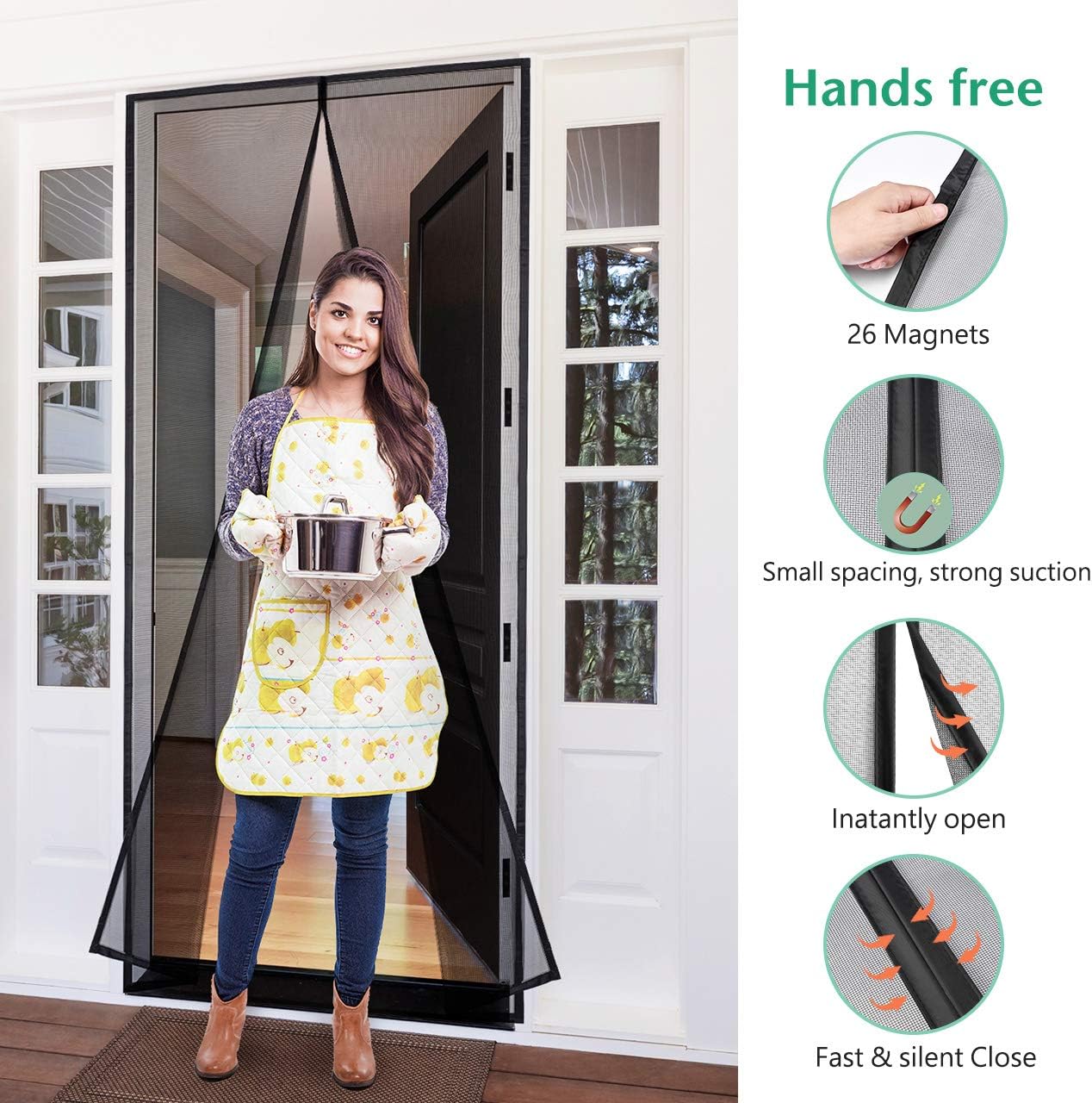 Homitt [Upgraded Version] Magnetic Screen Door with Durable Fiberglass Mesh Curtain and Full Frame Hook & Loop Fits Door Size up to 39"x83" Max- Black - - 