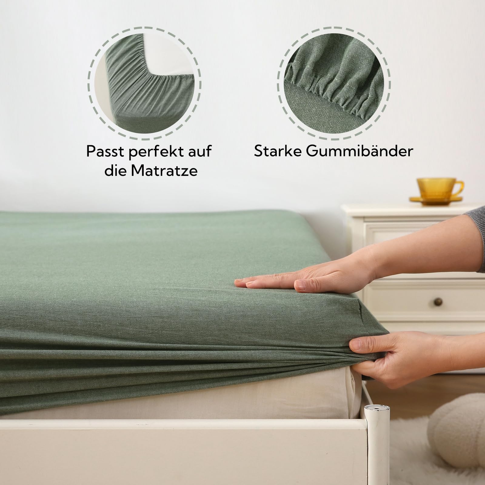 SOULFUL Spannbettlaken 140x200cm, 100% Gewaschene Baumwolle Bettlaken Spannbetttuch bis 25cm Matratzenhöhe, Atmungsaktiv mit Leinenartigem Griff, öKotex Zertifiziert-Salbei Grün 5