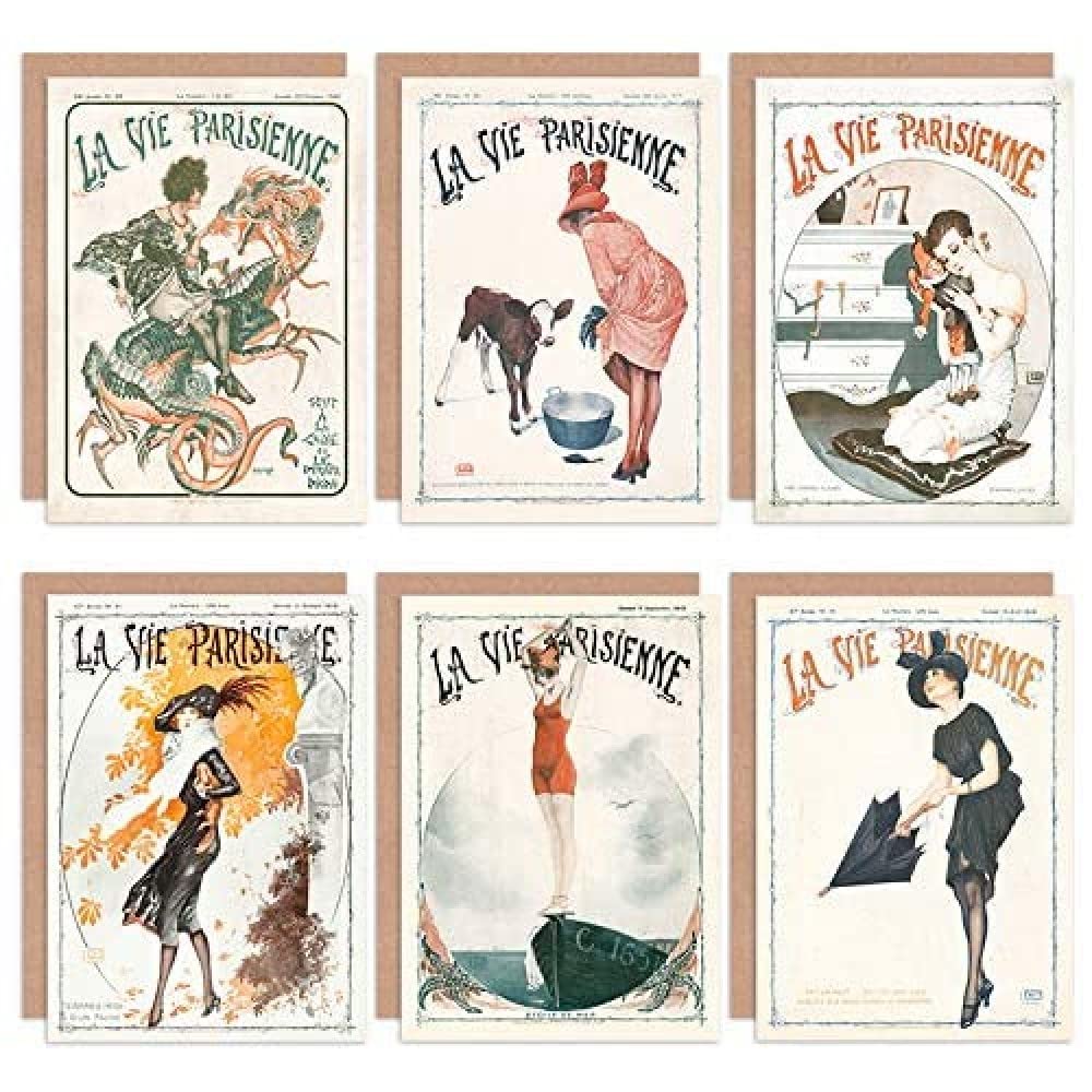 Artery8 La Vie Parisienne French Woman Seasons Umbrella Dog Greeting Cards With Envelopes Pack of 6