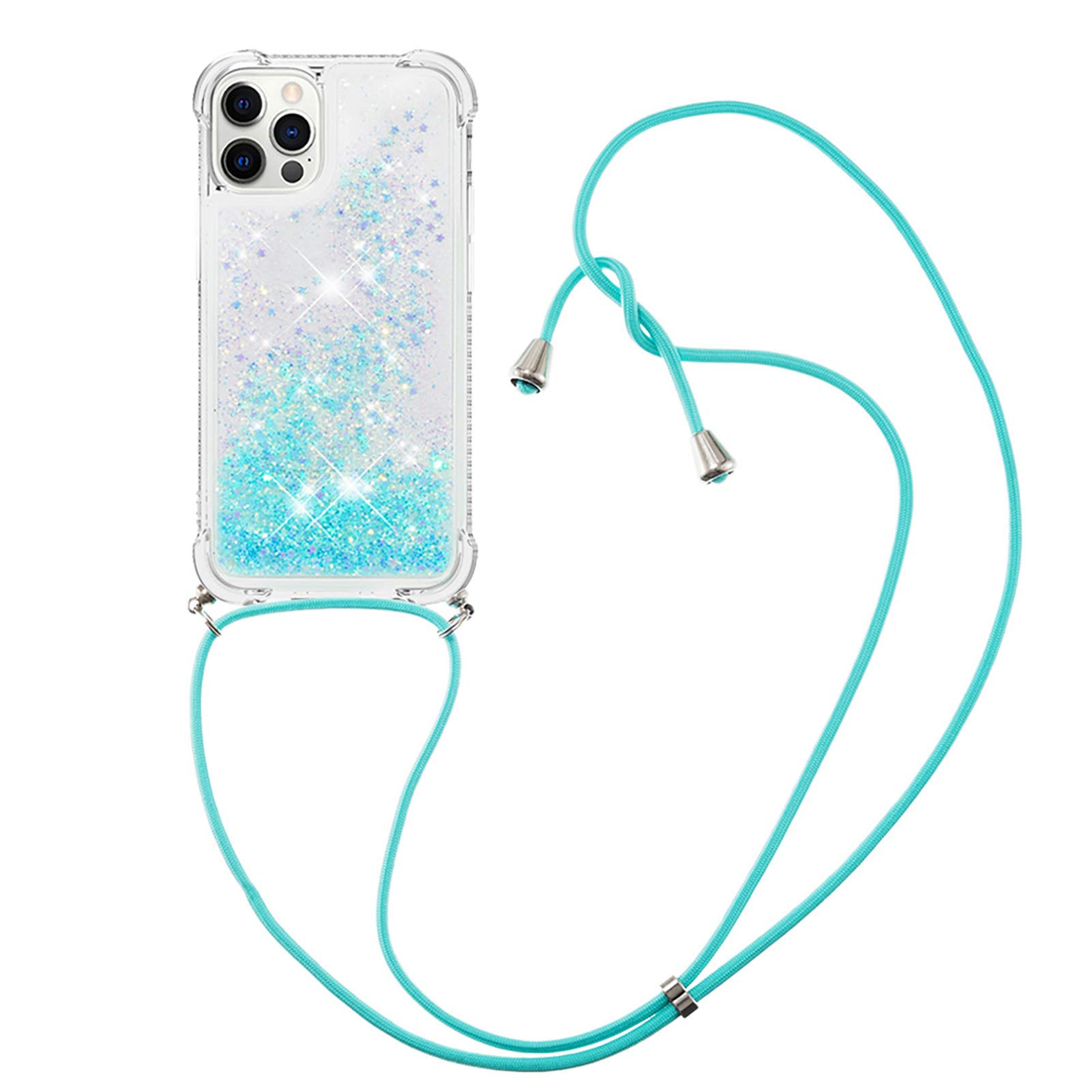 MRSTER Lanyard Phone Case for iPhone 12 Mini, Bling Glitter Quicksand Liquid Sparkle Silicone TPU Case Cover With Crossbody Necklace Cord Strap for iPhone 12 Mini 5.4”. LP Star Blue
