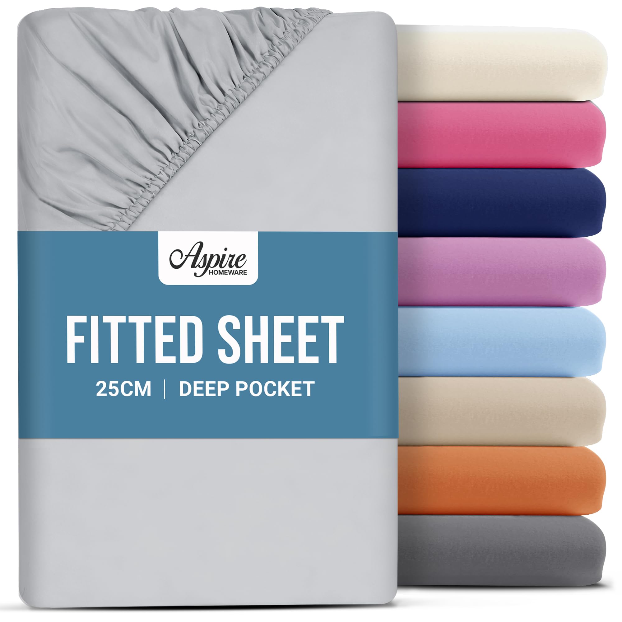 Aspire Homeware Single Fitted Sheet - 25 cm Deep Hotel Quality (Silver) Bed Sheets - Soft & Breathable Fitted Sheet Single Bed - Anti-Wrinkle Easy Care Fitted Sheets