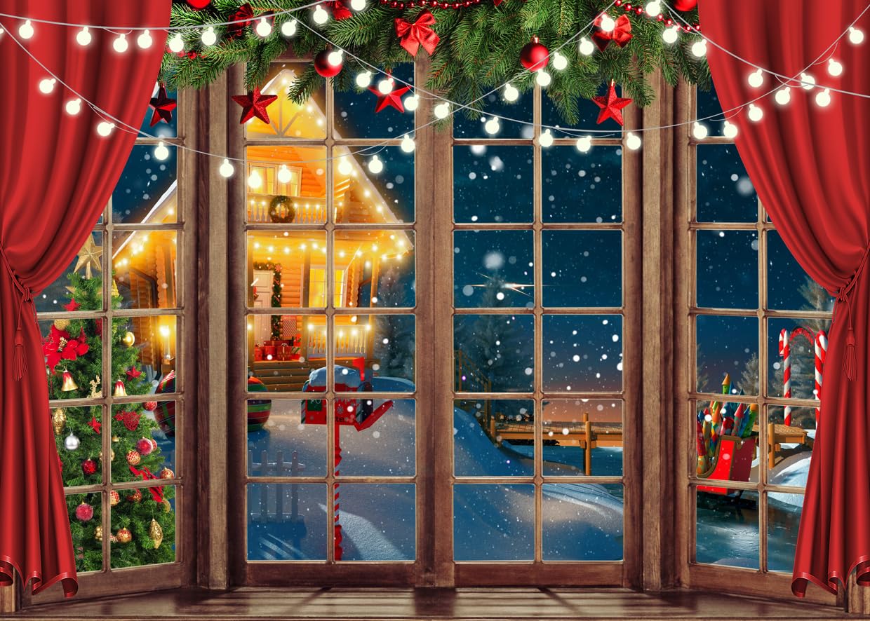 AIIKES 8x6ft Christmas Window Backdrop Christmas Holiday Party Decoration Backdrop XY73