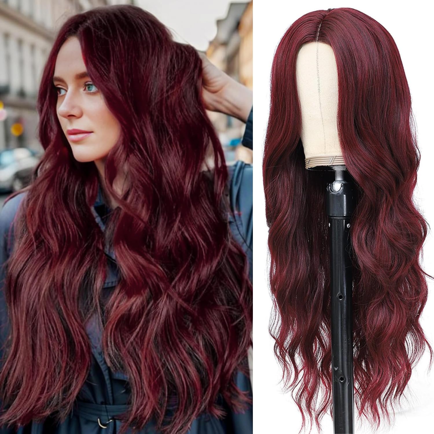 PORSMEER Long Dark Red Wigs for Women with Middle Part Natural Looking Loose Wave Wig Heat Resistant Synthetic Hair Burgundy Wig for Ladies Daily Wear or Party,26inch โ image 1