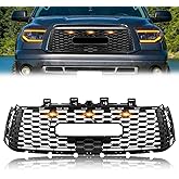 VIGMOTIX Upgraded Matte Black Front Grille for Tundra 2010-2013, [TRD Style] with 3 Amber Grill Lights, Tundra Grille Front Upper Hollow Bumper Grill