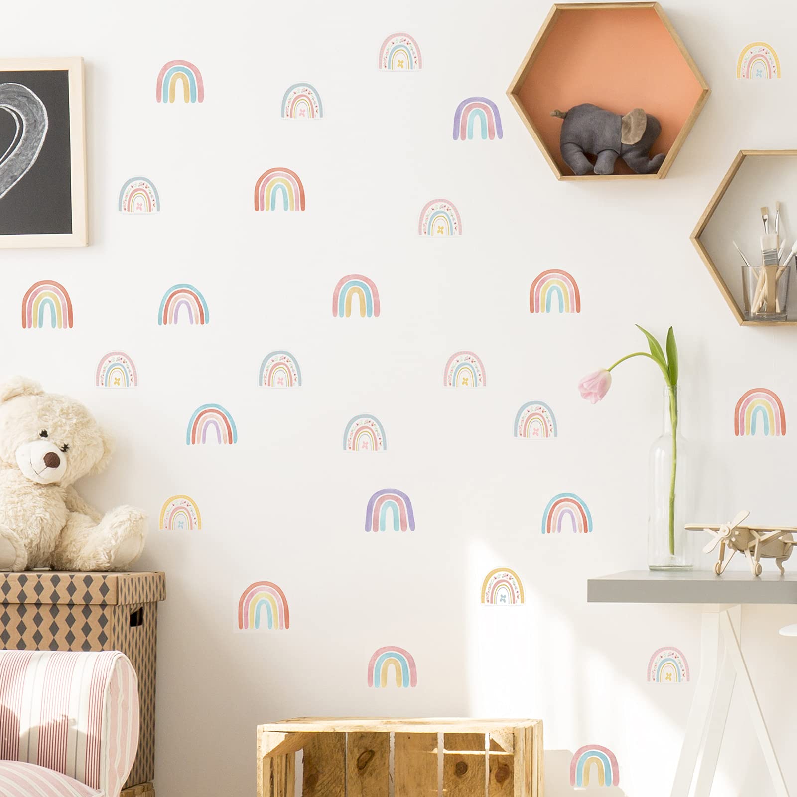 72Pcs Rainbow Wall Decals, Colorful Boho Rainbow Hand Drawn Flower Removable Stick and Peel Wall Stickers, JOENCOST Art Vinyl Waterproof for Girls Kids Room Bedroom Nursery Room